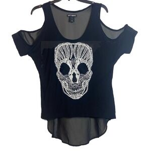 Hot Topic Cold Shoulder Semi Sheer Crochet Skull Top Medium Black Goth